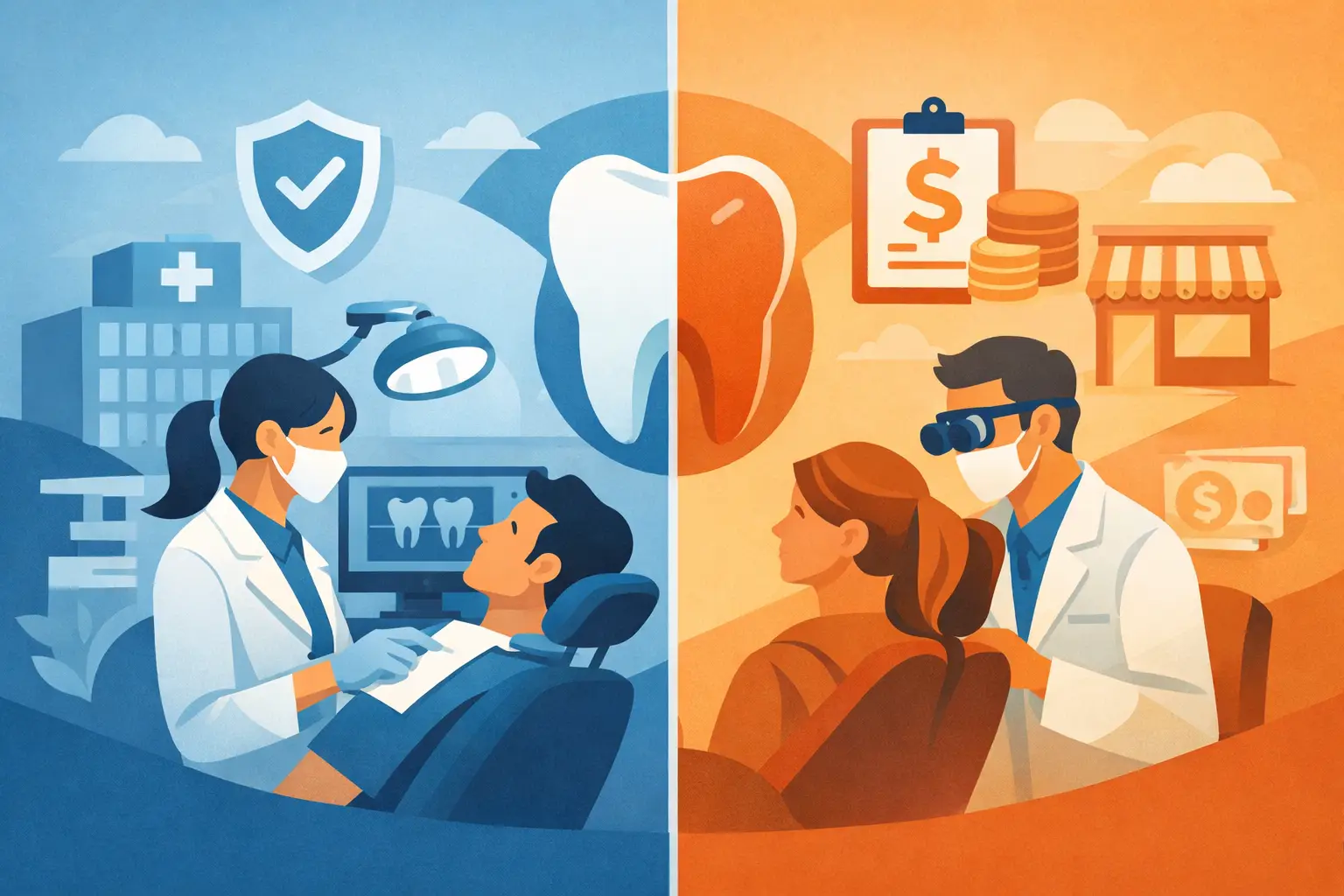 Illustration comparing in-network and out-of-network dentists with dental insurance cards, cost icons, provider network symbols, and coverage checklist