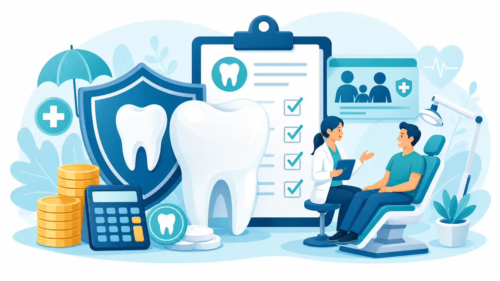 Illustration of private dental insurance costs with tooth, shield, calculator, coins, and dentist consultation