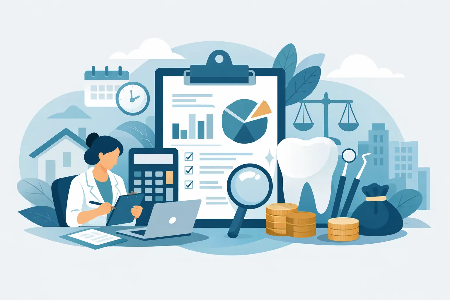 Illustration of self-employed dental tax rules with freelancer, dental insurance policy, calculator, tax form, coins, and tooth protection shield