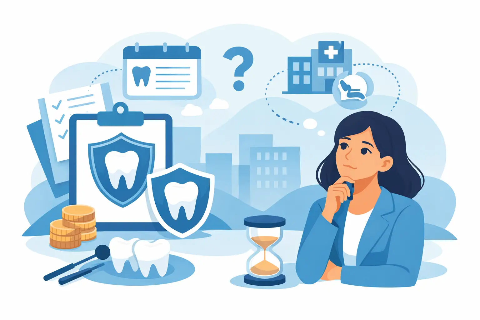 Illustration of when to get dental insurance with calendar, clock, dental checklist, coins, waiting period icon, and tooth protection shield