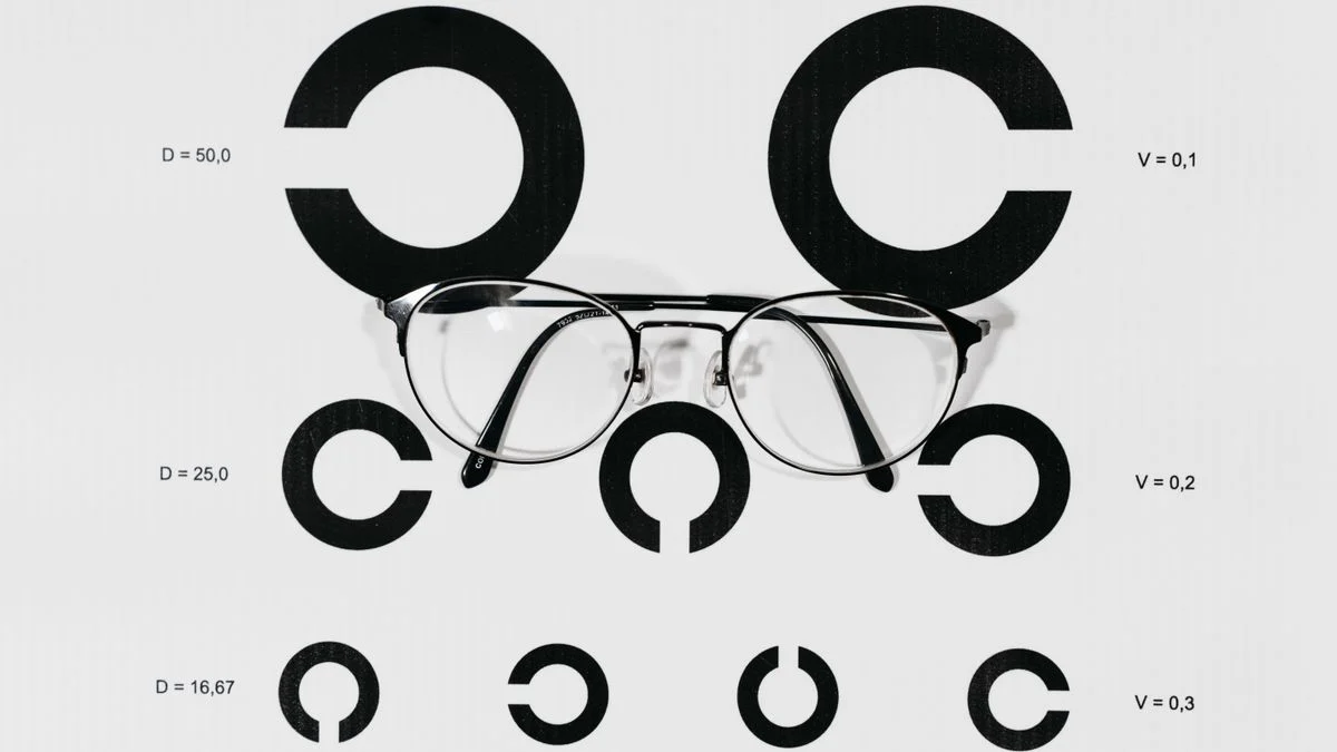 Eyeglasses placed on a Snellen chart used for vision testing